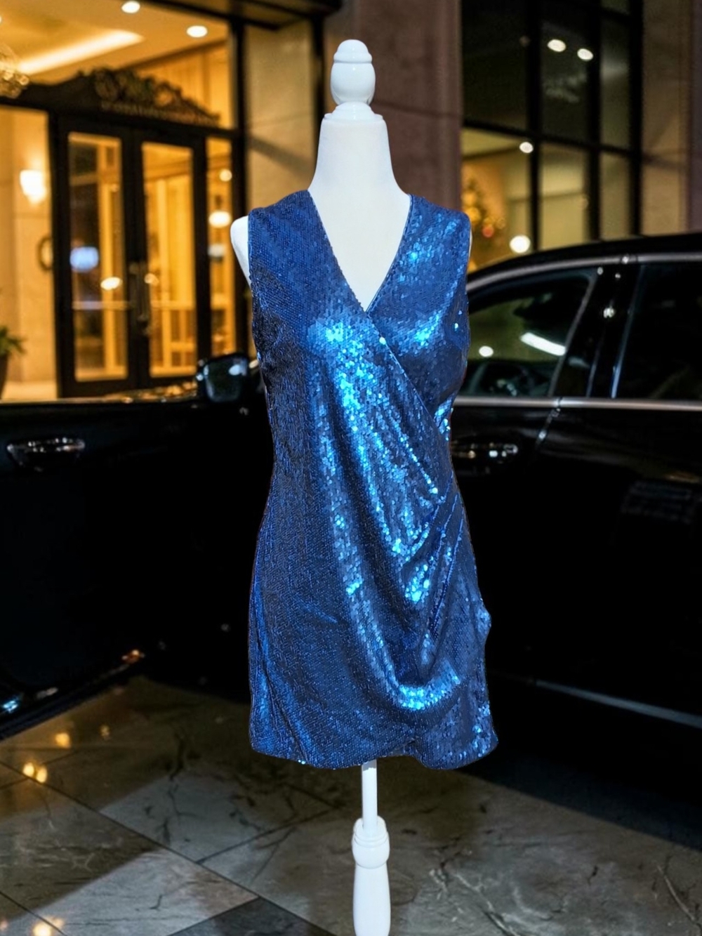 NWT Aqua Women's Sequin Faux Wrap V-Neck Mini Dress in cobalt blue Size M
